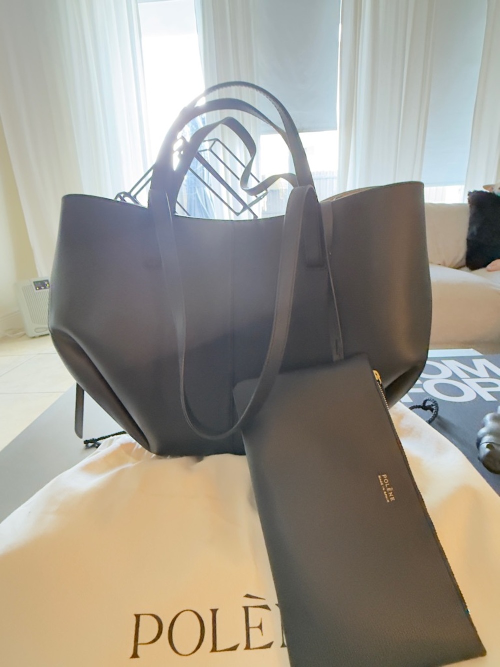 Polène Cyme Large Black Leather Tote Bag with Matching Zip Pouch